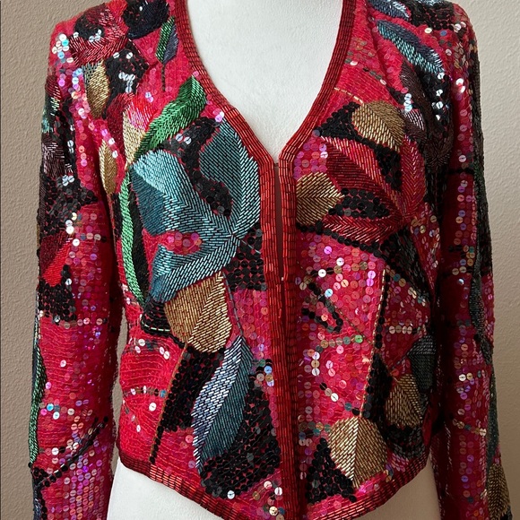 Vtg Vintage 1970s 1980s Designer Jack Bryan Flyaway Floral Sequin Jacket - Picture 3 of 9